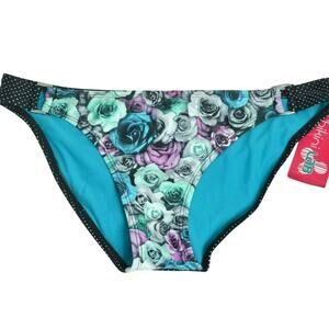 BIKINI LAB Pacific Blue Rose Pattern Polka Dot Bikini Bottoms, Size Large